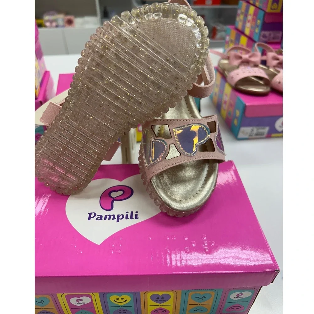 Pampili Girls Pink Holographic Heart Strappy Sandals Gold Footbed Size 12.5 US